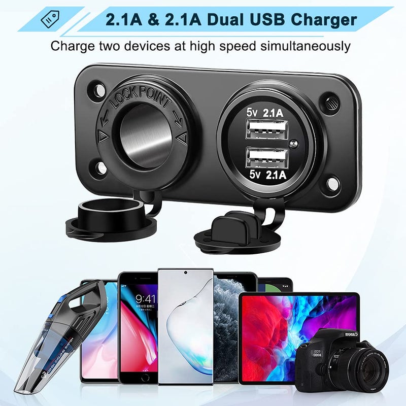 ELECTOP Cigarette Lighter Socket Outlet Splitter, 12V USB Outlet USB Charger 12 Volt Socket Power Outlet with LED, Waterproof Power Socket Panel Adapter DIY Kit Dual USB Ports for Car Boat Marine RV - Image 4